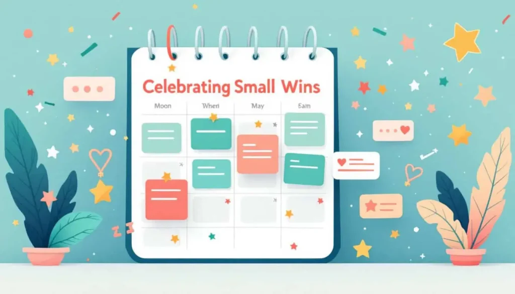 elebrate Small Wins – Colorful calendar or visual schedule with confetti, stars, and celebratory icons marking completed small tasks and victories.