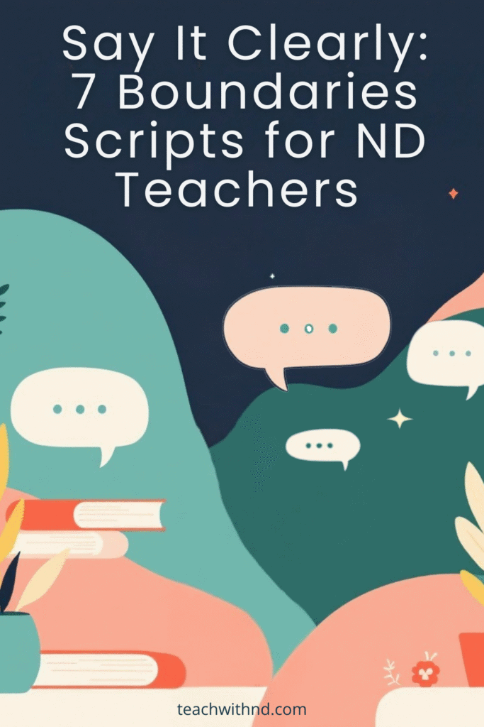 7 Powerful Boundaries Scripts for Neurodivergent Teachers to Protect Their Energy 8 conversation bubbles floating above books in nighttime nature scene as representing boundary scripts for neurodivergent teachers