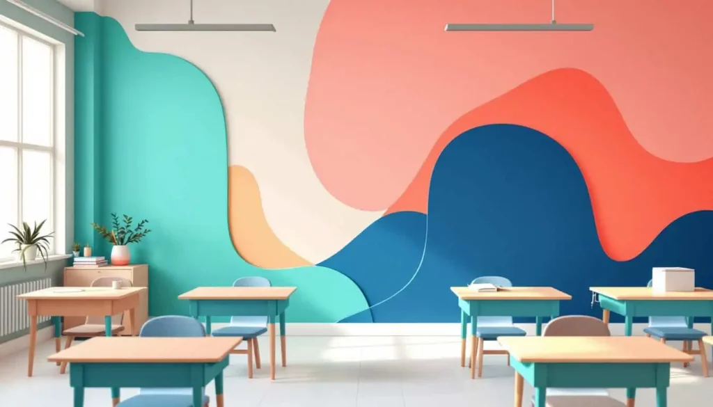 Emotional boundaries in a classroom, abstract walls and overlapping shapes with desks and school supplies in teal, coral, peach, sage, navy, beige, and white. 2D vector.