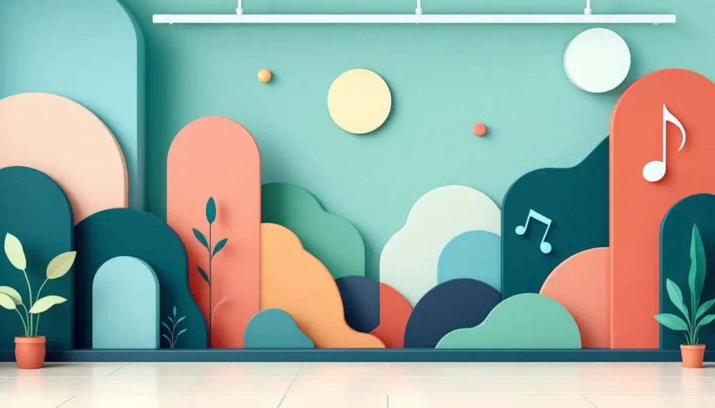 Abstract music classroom boundary with music notes and barriers in teal, coral, peach, sage, navy, beige, and white. Modern vector.