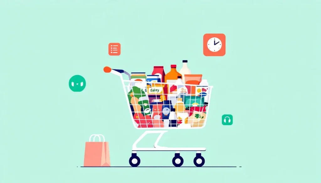 5 Tips for Easy Meals for ADHD Adults (and Simple Recipes!) 6 Grocery Shopping Tips: Shopping cart with neat sections for produce, canned goods, dairy, snacks and icons for checklist app, clock, headphones in a modern 2D vector style.