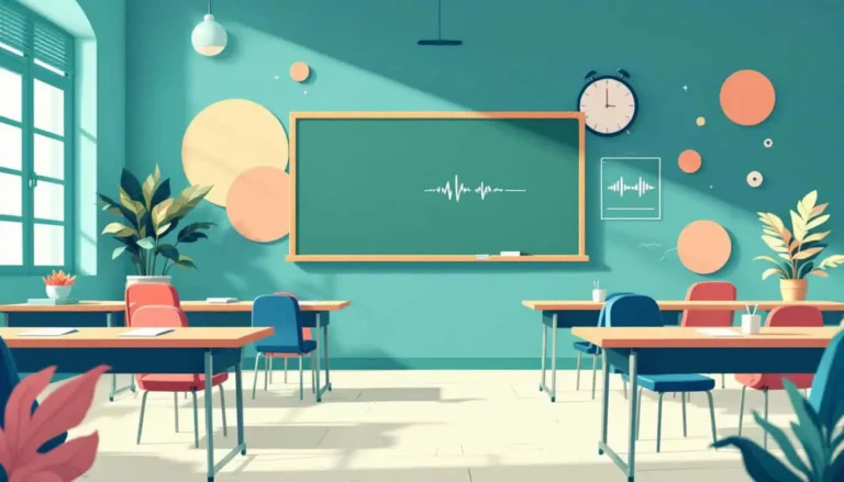 boundaries for neurodivergent teachers in an abstract classroom with desks, chalkboard, and soundwaves in teal, coral, peach, sage, and navy.