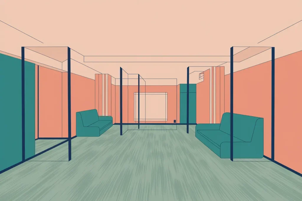 peach colored ceiling and sage carpet office with clear partitions as physical boundaries 