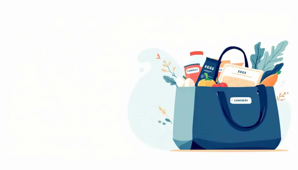 5 Tips for Easy Meals for ADHD Adults (and Simple Recipes!) 5 Grocery List Essentials: Organized grocery tote bag with compartments filled with eggs, canned goods, veggies, snacks in a modern 2D vector style.