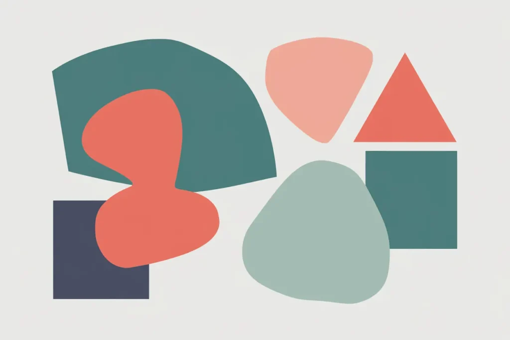 abstract shapes in teal, coral, peach, sage, navy are separated and overlapping 