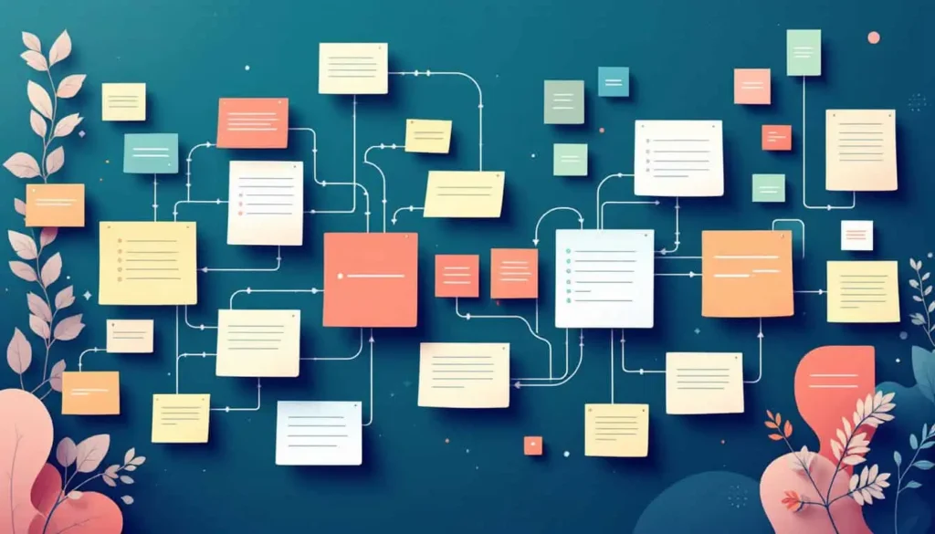 Break Down Tasks into Manageable Steps – Big project split into color-coded blocks, lists, or sticky notes in sequence. 