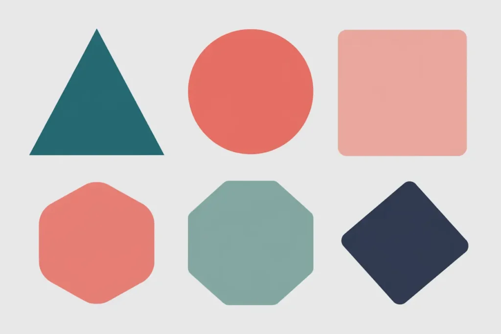teal triangle, coral circle, peach square, salmon colored hexagon, sage octagon, navy diamond, as representing understanding neurodivergent boundaries 