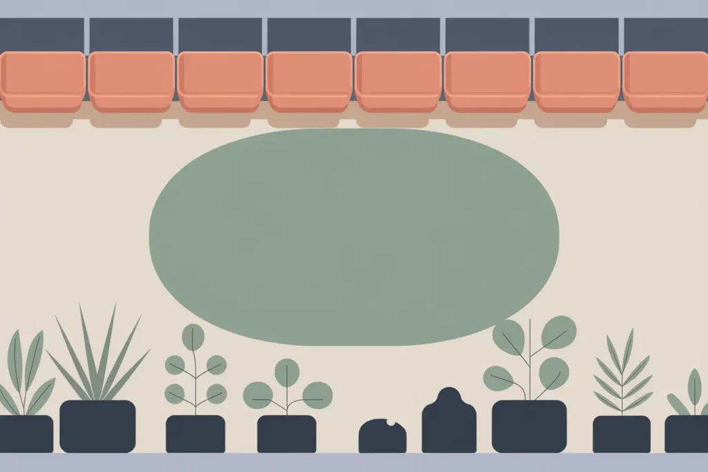 beige floor with oval-shaped sage carpet, peach chairs, and plants surrounding the perimeter of the classroom, the boundary of the carpet is highlighted