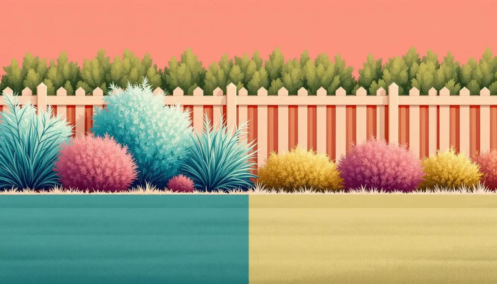 7 Practical Boundaries Examples for ND Teachers 6 Modern 2D vector illustration of a stylized fence with shrubs behind it, separating two colored lawns in coral, teal, navy, beige, and white.