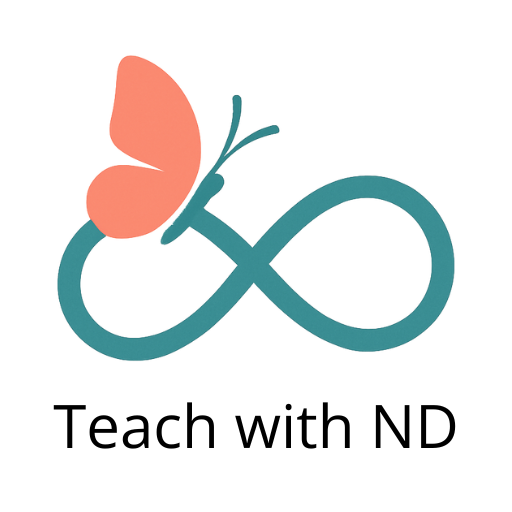 blue green infinity sign with coral butterfly logo over text which reads teach with nd