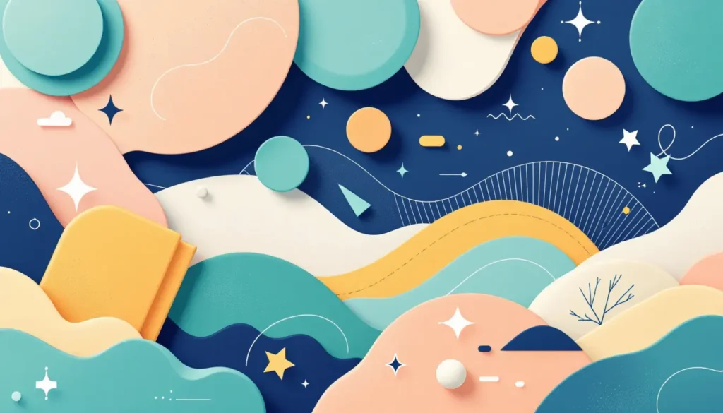 Abstract teaching boundaries scene with organized shields, books, and soft wave elements in teal, peach, navy blue, beige, and white.