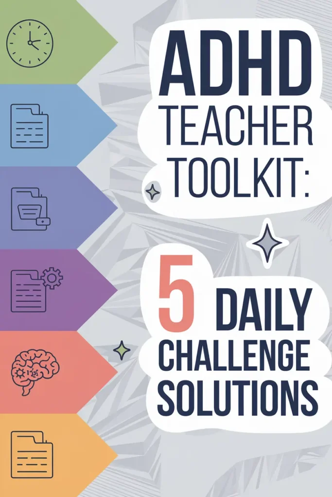 vertical tabs on left side with icons for executive function and organization, title reads adhd teacher toolkit: 5 daily challenge solutions