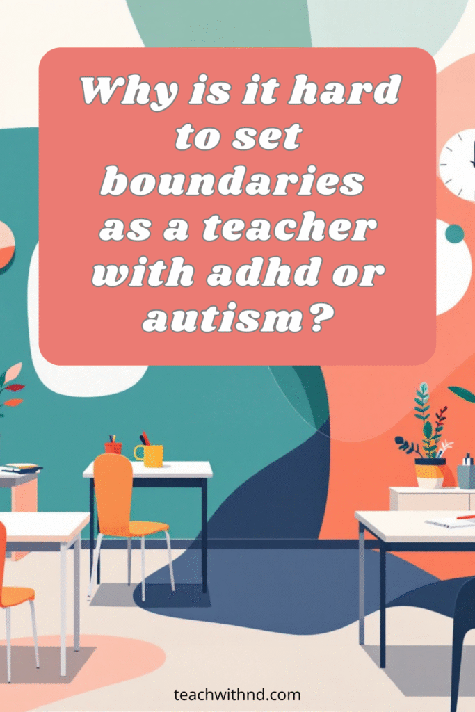 Emotional boundaries in classroom, abstract walls and shapes, desks, supplies. Teal, coral, peach, sage, navy, beige, white, why boundaries are so difficult 