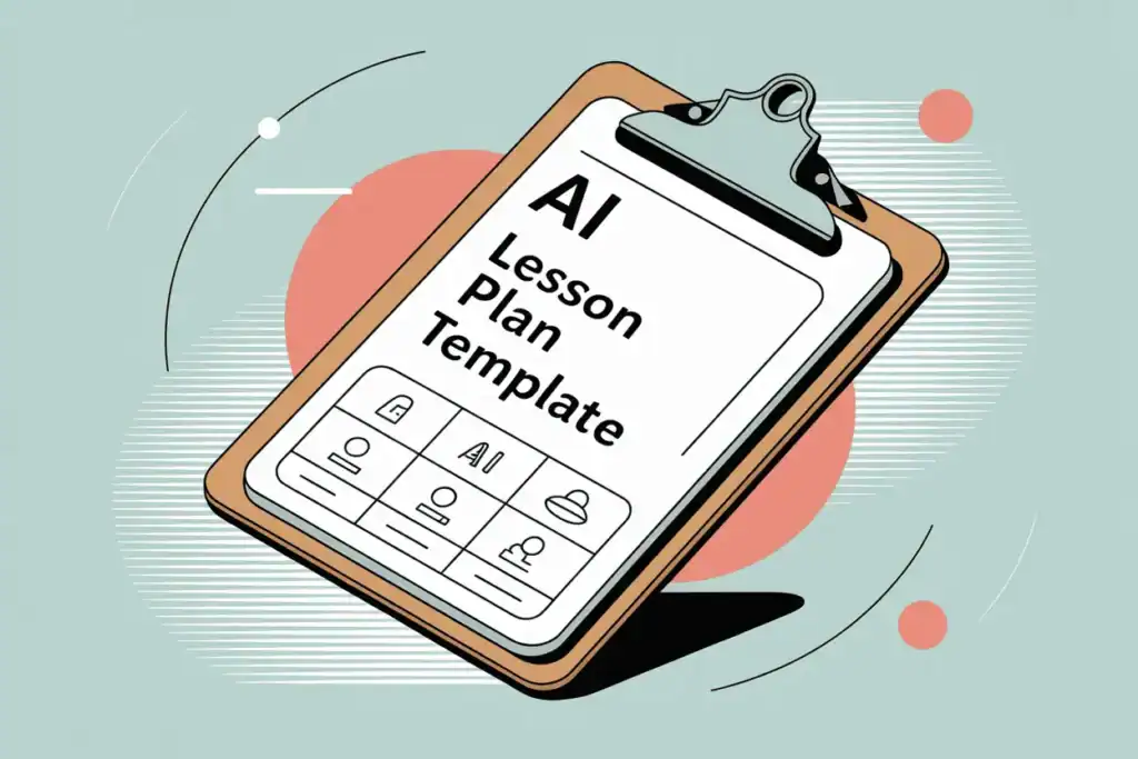 The Complete Guide to Using AI Lesson Plan Template Generators 3 Illustration of an AI-generated lesson plan template on a clipboard in teal and coral colors