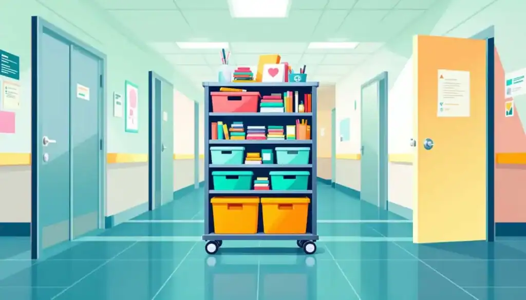 5 Traveling Teacher Cart Ideas to Stay Organized 5 Cart filled with sorted storage bins, books, and supplies in a school hallway with doors.