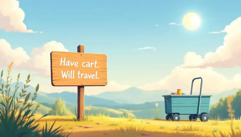 5 Traveling Teacher Cart Ideas to Stay Organized 4 Sunny outdoor classroom scene with teal rolling cart, signpost, and sky. Text reads: "Have cart. Will travel."
