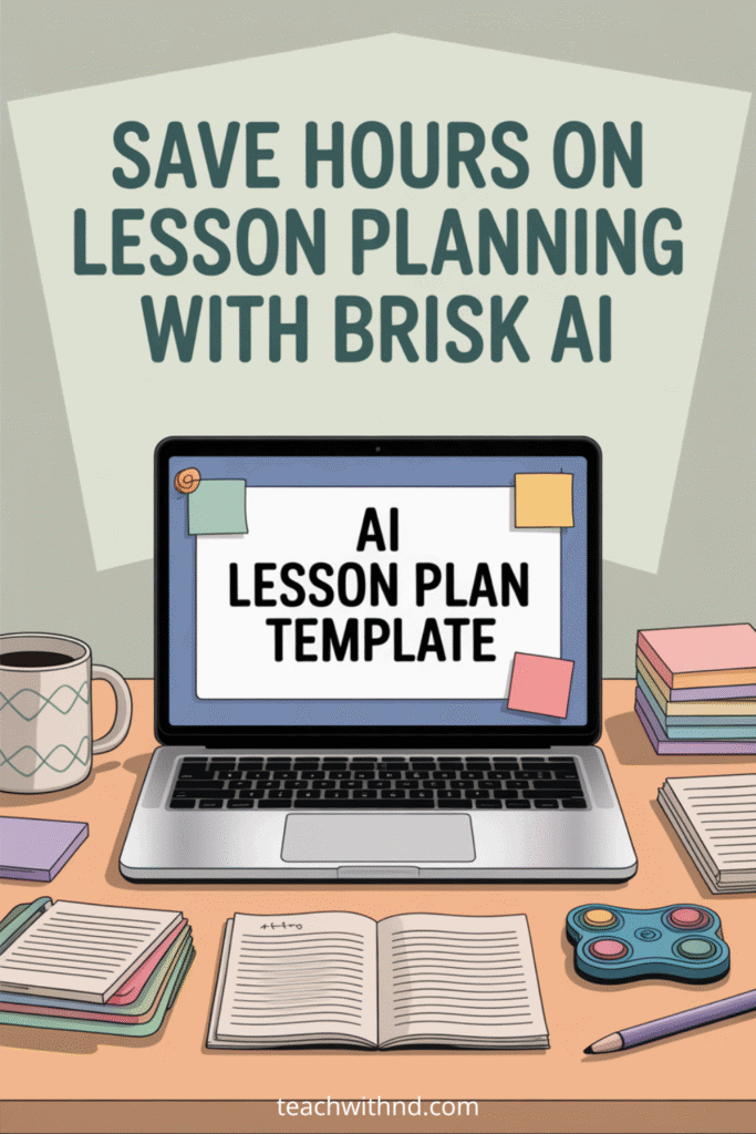 How Brisk AI Helps Teachers Save Hours on Lesson Planning 6 Open laptop displaying “AI Lesson Plan Template” and big text "Save Hours on Lesson Planning With Brisk AI" on a teacher’s desk with coffee mug, sticky notes, notepads, and fidget toy, in bright, modern style.