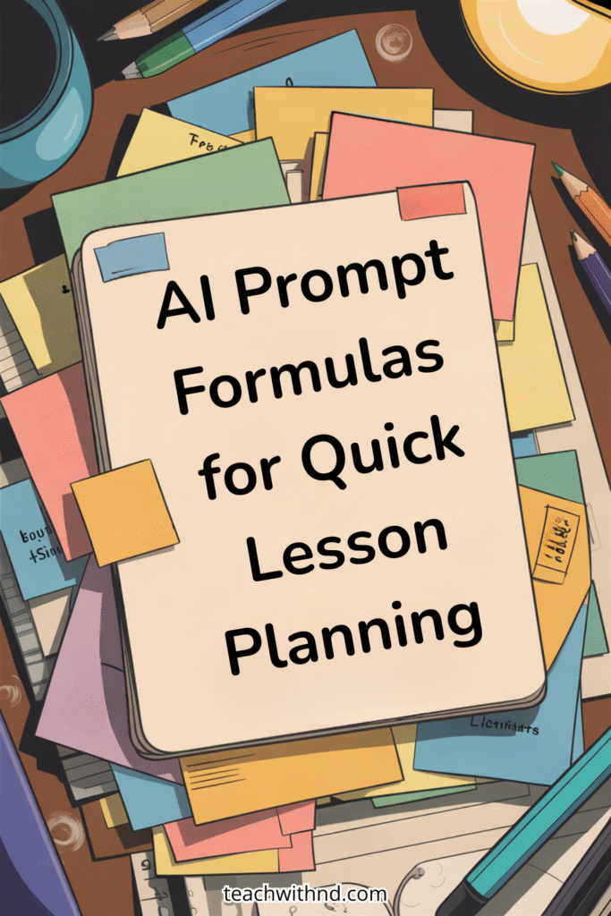 7 Time-Saving AI Prompt Formulas for Smarter Lesson Planning 7 Stack of colorful lesson planning notes and supplies with the phrase "AI Prompt Formulas for Quick Lesson Planning" on top, highlighting how ai prompt formulas can simplify lesson creation.