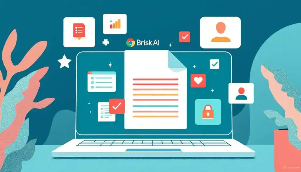 How Brisk AI Helps Teachers Save Hours on Lesson Planning 3 Brisk AI Chrome extension icon inside a Google Doc, with lesson planning cards, checklists, and support icons emerging from the laptop, how brisk ai helps teachers save hours on lesson planning