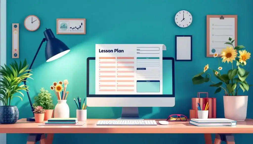 Colorful teacher’s workspace with an AI-generated lesson plan printout, scattered stationery, sticky notes, and a plant in a calming, organized environment. The color palette is teal, turquoise, peach, navy, and white, in a modern vector style without people, how to use chatgpt to make a week's worth of lessons