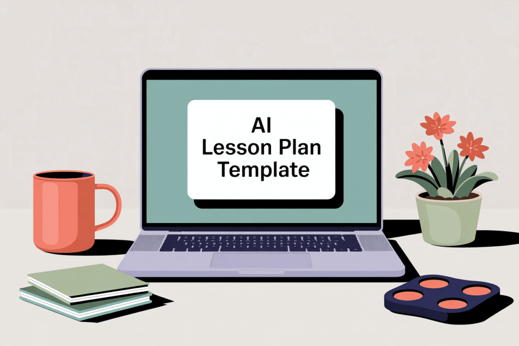 How Brisk AI Helps Teachers Save Hours on Lesson Planning 4 Alt text: Open laptop displaying "AI lesson plan template" on the screen, surrounded by a coffee mug, notepads, sensory fidget, and potted plant on a calm, uncluttered teacher workspace.