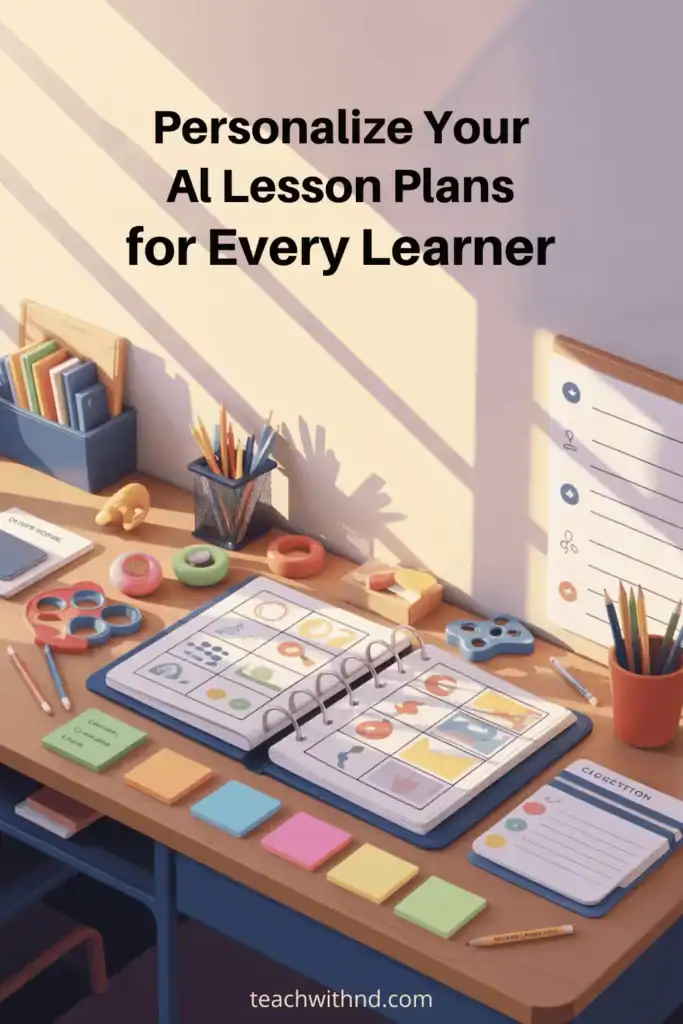 How to Customize AI Lesson Plans for Diverse Learners' Needs 6 Classroom desk with open lesson plan binder, visual aids, checklist cards, sticky notes, pencils, and fidgets, organized neatly with the title "Personalize Your AI Lesson Plans for Every Learner"