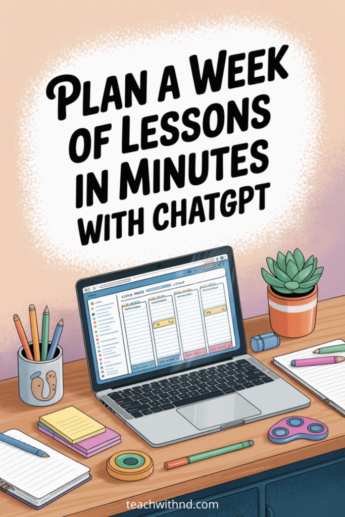Modern workspace with an open laptop showing a lesson plan, colorful notepads, pens, coffee mug, fidget toy, and plant. Teal, turquoise, peach, and navy vector art. Text reads “Plan a Week of Lessons in Minutes with ChatGPT.”