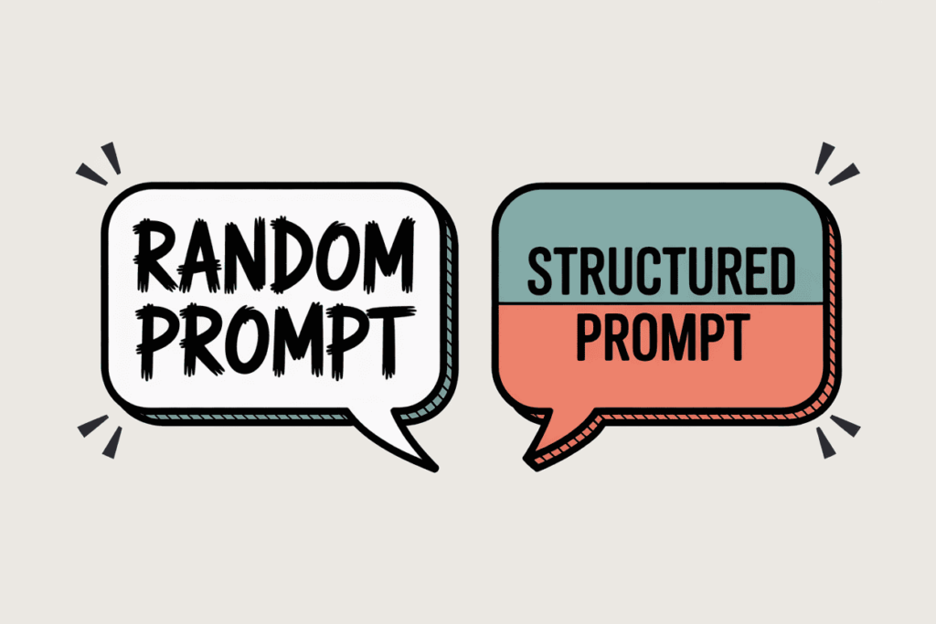 7 Time-Saving AI Prompt Formulas for Smarter Lesson Planning 3 Two speech bubbles labeled 'Random prompt' and 'Structured prompt,' highlighting the difference between random and formula-based ai prompt formulas.