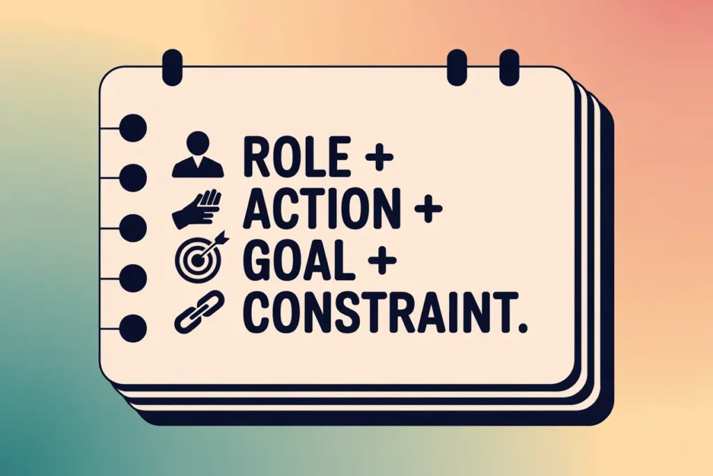 7 Time-Saving AI Prompt Formulas for Smarter Lesson Planning 4 Graphic of a notepad with icons and the formula 'Role + Action + Goal + Constraint,' showing a structured approach to ai prompt formulas.