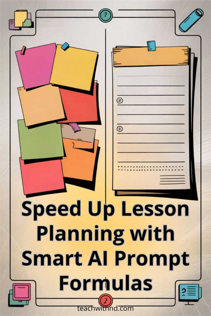 7 Time-Saving AI Prompt Formulas for Smarter Lesson Planning 9 Post-it notes and a notepad with the text "Speed Up Lesson Planning with Smart AI Prompt Formulas," emphasizing efficient lesson planning using ai prompt formulas.