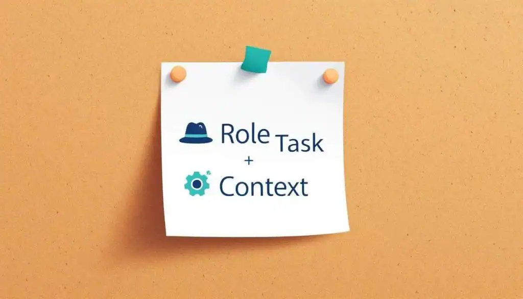 7 Time-Saving AI Prompt Formulas for Smarter Lesson Planning 5 Sticky note on corkboard with “Role + Task + Context” formula and icons, 2D modern vector, teal, turquoise, peach, navy accents, no people.