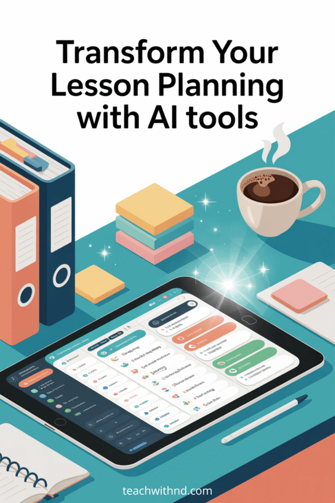 Modern desk with tablet displaying a digital lesson plan app, coffee, and organized folders in teal, turquoise, peach, and navy vector style. Text: “Transform Your Lesson Planning with AI Tools.” No people.