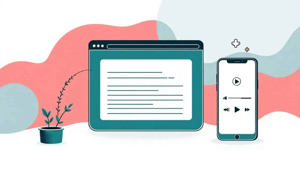 Browser and phone showing text-to-speech controls with speed and sync icons.
