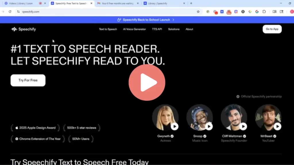 “Screenshot of the Speechify website homepage showing the headline ‘#1 Text to Speech Reader. Let Speechify Read to You,’ with a Try for Free button and featured supporters including Gwyneth Paltrow, Snoop Dogg, Cliff Weitzman, and MrBeast. A large coral play button overlays the center, indicating a video recording.”