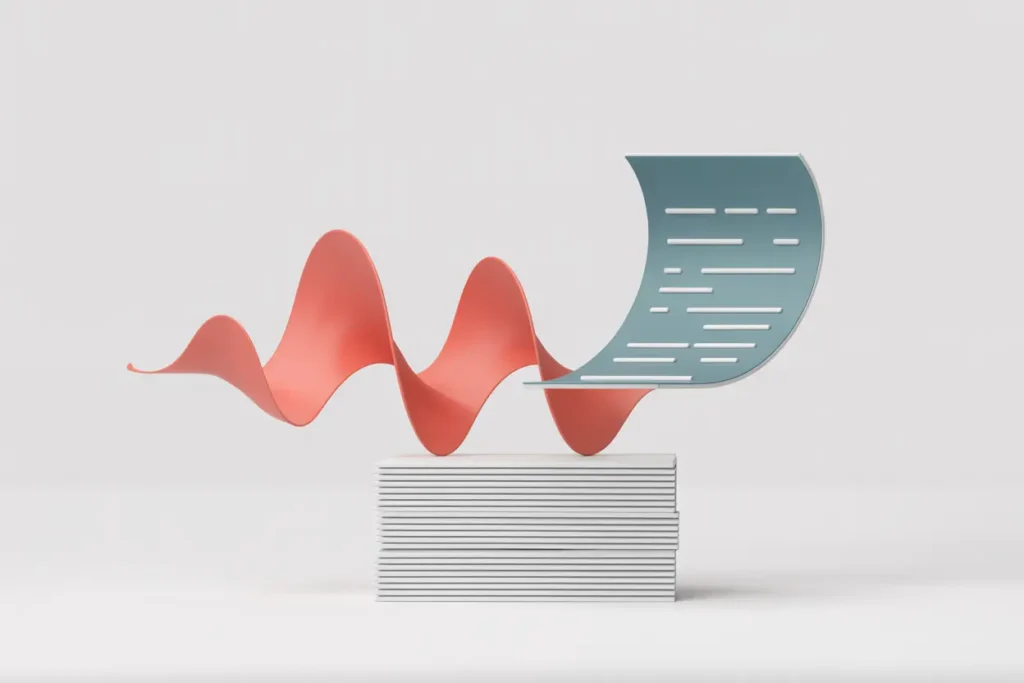 Minimalist illustration of a tall stack of white papers with a flowing coral sound-wave ribbon rising from the top. A teal, curved sheet with stylized text sits above the wave, suggesting written work being converted into audio.