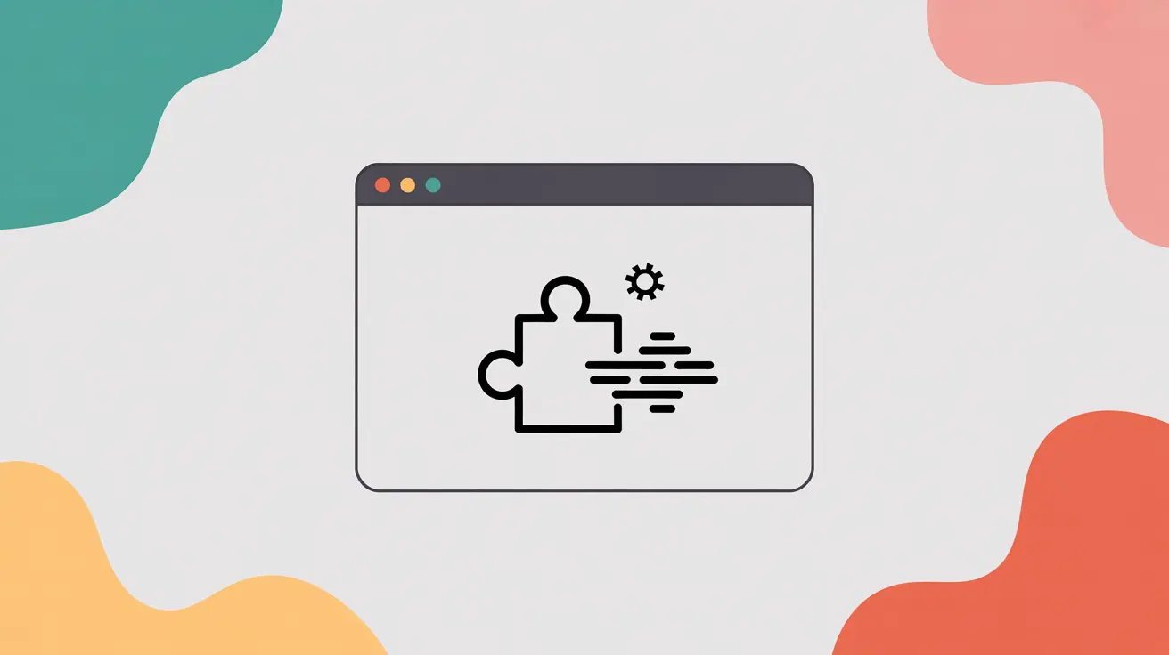 Minimalist vector illustration of a Chrome-style browser window with a black puzzle piece icon and motion lines, symbolizing How to Remove Speechify Chrome Extension. A small gear icon appears nearby. Background is light grey with abstract accent shapes in teal, peach, and coral.