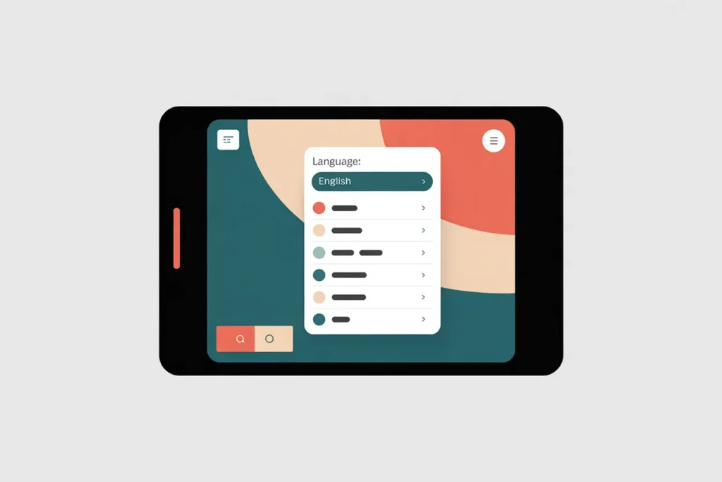 Vector illustration of a tablet screen displaying a language settings menu abstractly demonstrating how to change Speechify language settings. The dropdown menu shows 'English' selected, with additional language options listed below. The interface features a clean design with accent colors in teal, peach, and coral, on a neutral background.
