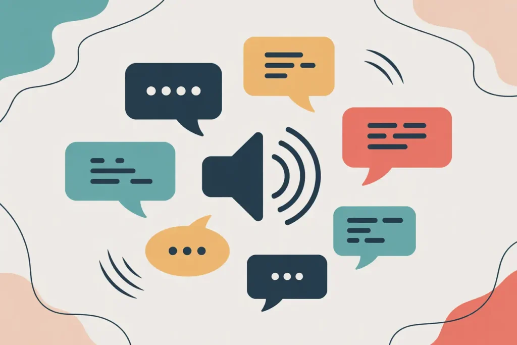 **Alt text:**
"Vector illustration of a central speaker icon emitting sound waves, surrounded by colorful speech bubbles in teal, coral, yellow, and navy. The design features a neutral background with abstract corner accents, symbolizing audio output and multilingual conversation."
