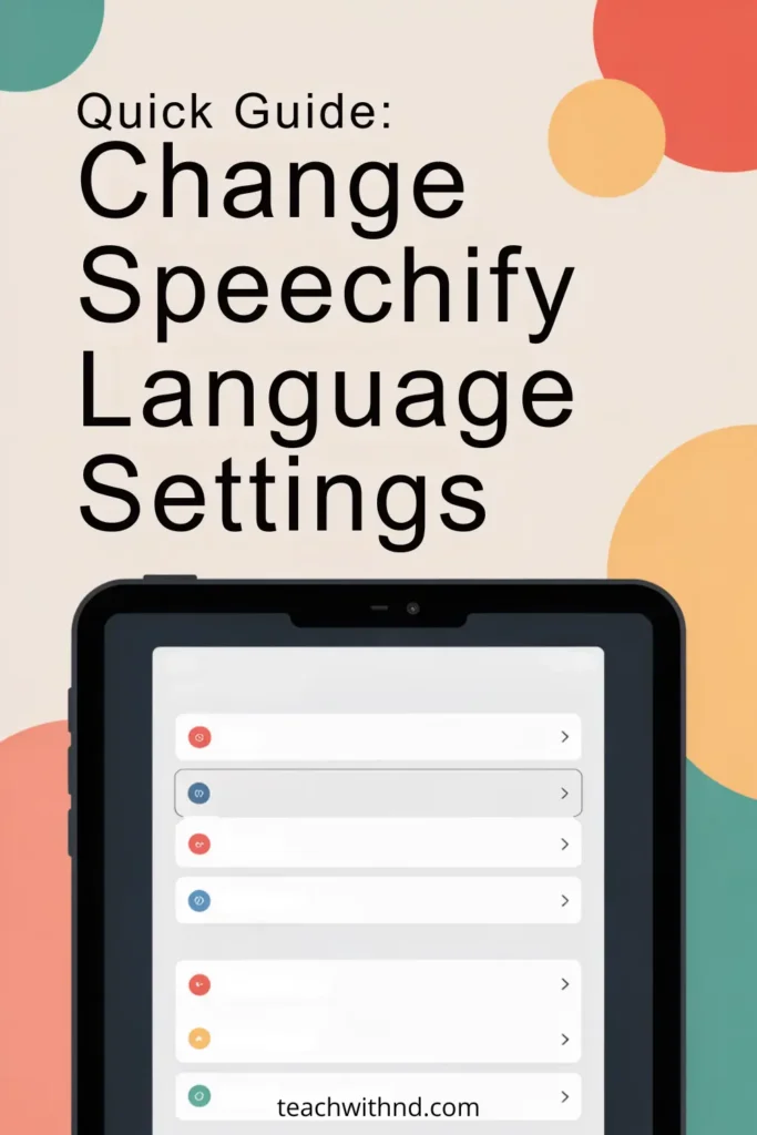 Minimalist vector image showing a tablet screen displaying a dropdown language selection menu with circular language icons. Background includes abstract circles in coral, mustard, and teal. Bold black text at the top reads: “Quick Guide: Change Speechify Language Settings.”