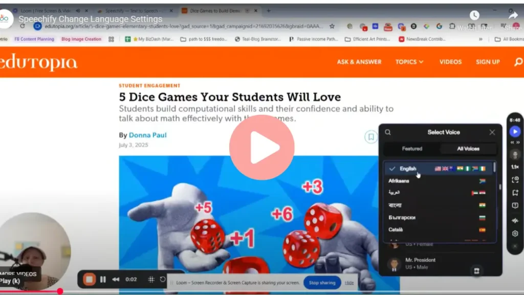“Screenshot of an Edutopia article titled ‘5 Dice Games Your Students Will Love,’ displayed in a web browser. On the right side of the screen, the Speechify toolbar is open showing the ‘Select Voice’ menu with language options like English, Afrikaans, Arabic, and Bengali. A large coral play button overlays the center of the image, and in the lower-left corner, a small circular webcam video of the presenter is visible.”