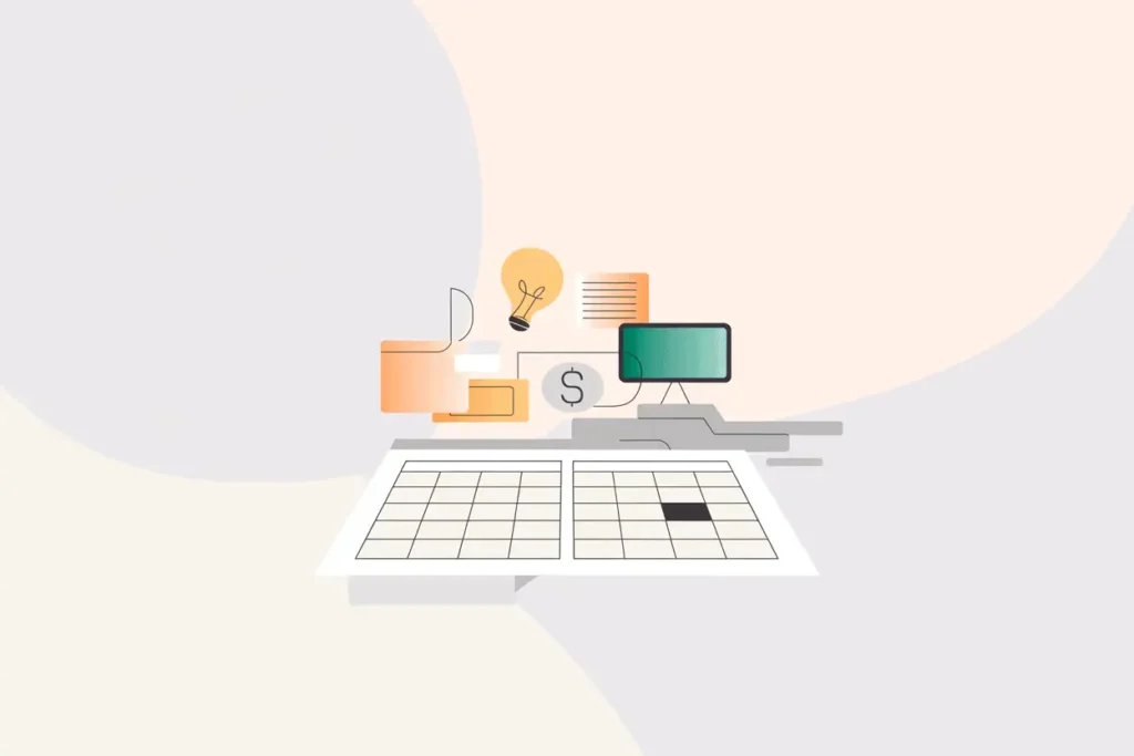 Abstract illustration of a workspace with a calendar, a steaming cup of coffee, colorful sticky notes, and pencils arranged on a desk.