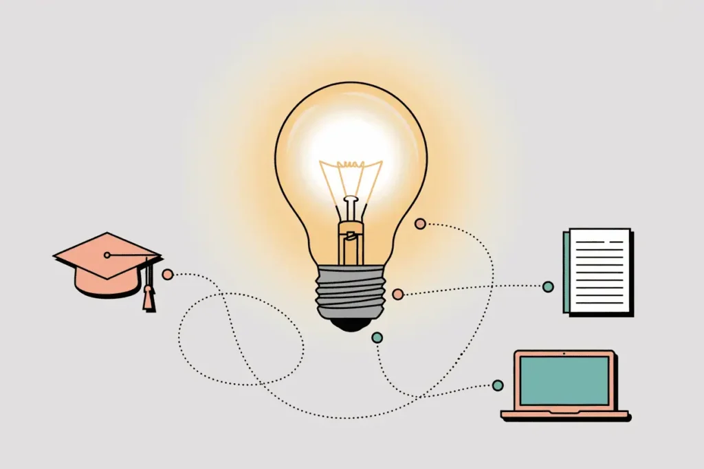 Abstract illustration of a glowing yellow lightbulb connected to digital screens and icons, representing an idea and technology.