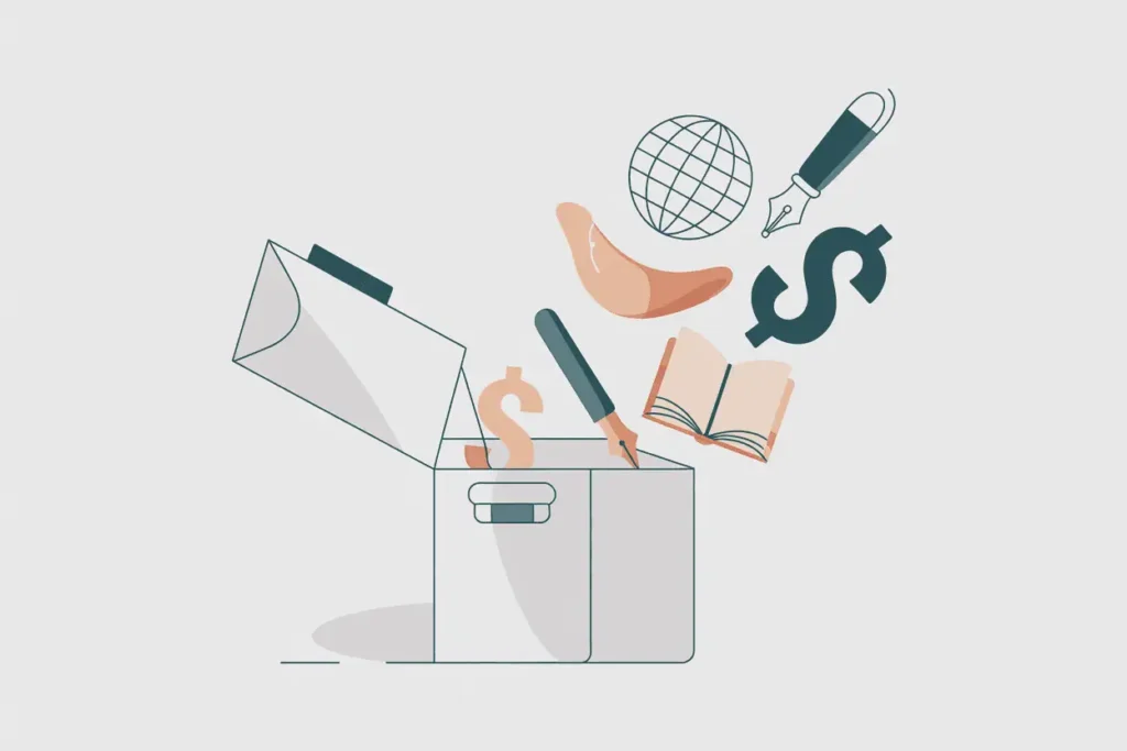 Abstract illustration of toolbox with floating dollar symbols, surrounded by geometric shapes.