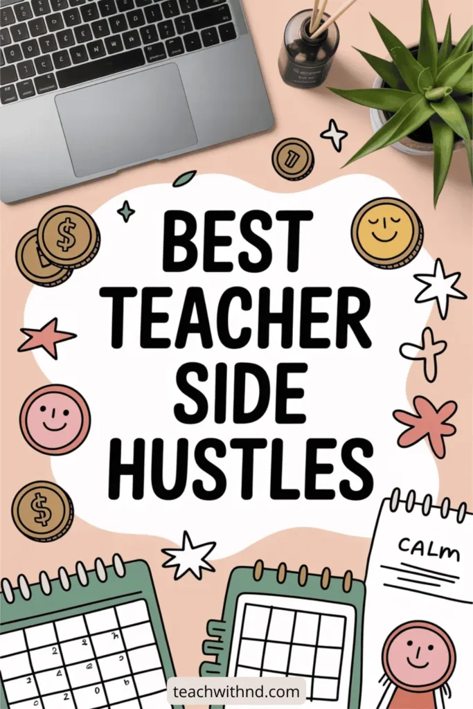 Workspace layout with laptop, diffuser, planner, colorful coins, doodled stars and smiley faces, and text that reads “Best Teacher Side Hustles” in black font. The website teachwithnd.com appears at the bottom.
