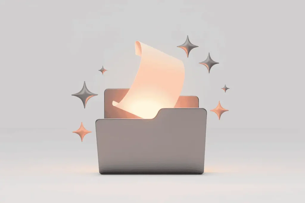 3D light gray folder with a glowing sheet of paper inside and sparkles floating around it on a neutral background.