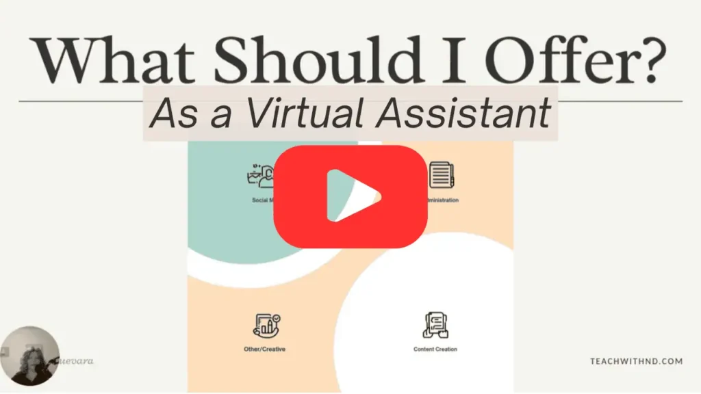 Slide text reads What Should I Offer in the post How to Start a YouTube video Virtual Assistant Side Hustle, teal and peach shapes highlight common VA offerings, Eileen Guevara appears in the bottom left corner.