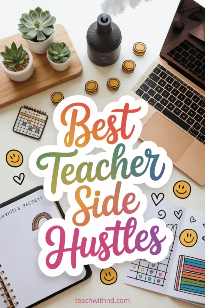 Alt text: Bright workspace scene featuring a laptop, succulents, coins, a diffuser, and colorful doodles around the handwritten-style text “Best Teacher Side Hustles.” The website teachwithnd.com appears at the bottom.
