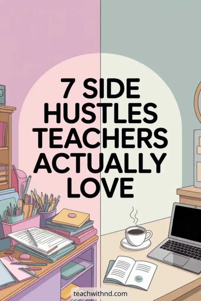 Split workspace illustration showing a cluttered classroom desk on one side and a clean home office with a laptop and coffee on the other, with text reading “7 Side Hustles Teachers Actually Love.” The website teachwithnd.com appears at the bottom.
