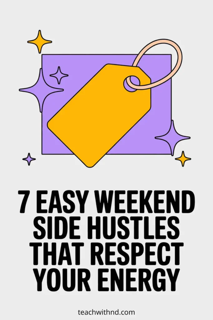 Purple background pin with a price tag icon and sparkles promoting 7 easy weekend side hustles that respect your energy