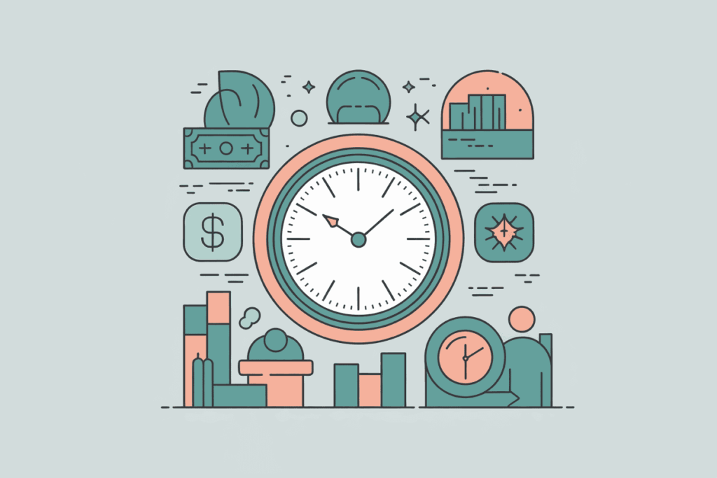 Modern clock with soft background and teal/peach icons — visual of time-blocking for weekend flexibility.